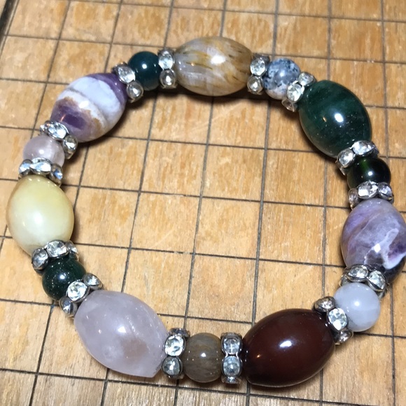 Semiprecious Crystal Mixed Stone Bracelet 7”L Elastic Rhinestone Ring Bead Acct. - Picture 9 of 10
